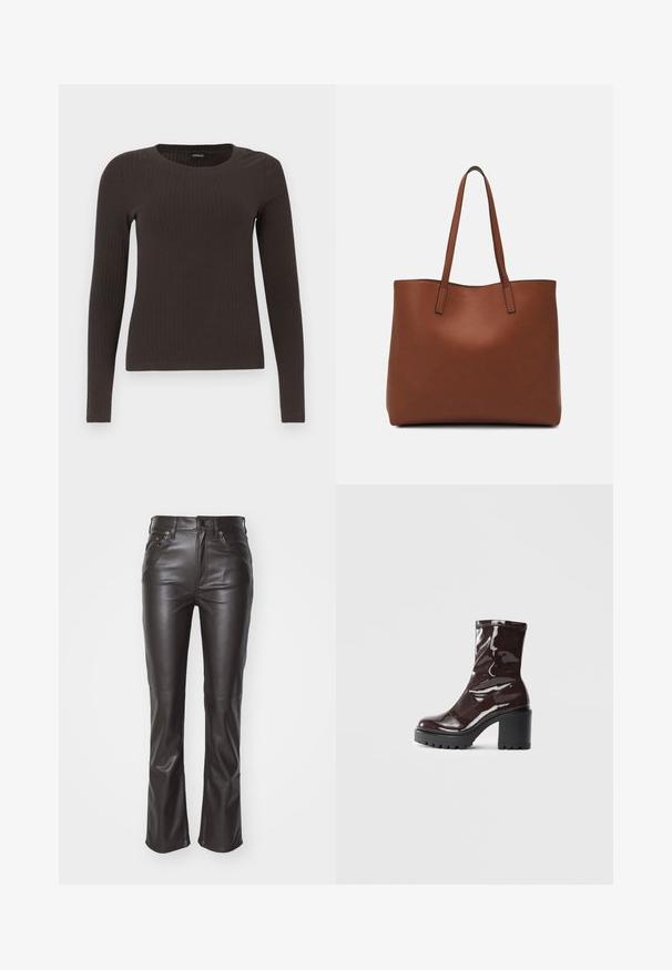 Un haut marron à manches longues en rib avec un col rond. Fabriqué dans un matériau lisse et extensible, il présente une silhouette ajustée et un minimum de détails.; Pantalons en cuir noir avec une coupe ajustée, taille mi-haute, poches avant et détails de couture subtils. Texture brillante et ourlet évasé.; Bottines bordeaux brillantes à talon épais noir, avec une texture lisse et un design simple. Aucune fermeture visible ni motifs.; Sac fourre-tout en cuir marron avec une texture lisse, design à ouverture supérieure et deux poignées pour le porter à l'épaule. Présente des coutures minimales et aucun matériel visible.