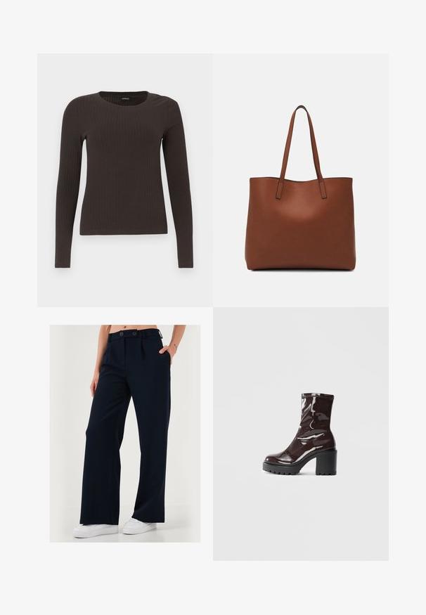 Smeđa, dugokraga, rebrasta majica s dugim rukavima. Izrađena od glatkog, rastezljivog materijala, s prikladnim krojem bez mnogo detalja.; Hlače sa širokim nogavicama u tamnoplavoj boji, izrađene od glatkog materijala, s dvostrukim kopčanjem i bočnim džepovima za elegantan izgled.; Sjajna burgundska čizma do gležnja s debelim crnim potplatom, koja se odlikuje glatkom teksturom i jednostavnim dizajnom. Nema vidljivih kopčanja ili uzoraka.; Smeđa kožna torba preko ramena s glatkom teksturom, otvorenim vrhom i dvjema naramenicama. Ima minimalne šavove i nema vidljivog hardvera.