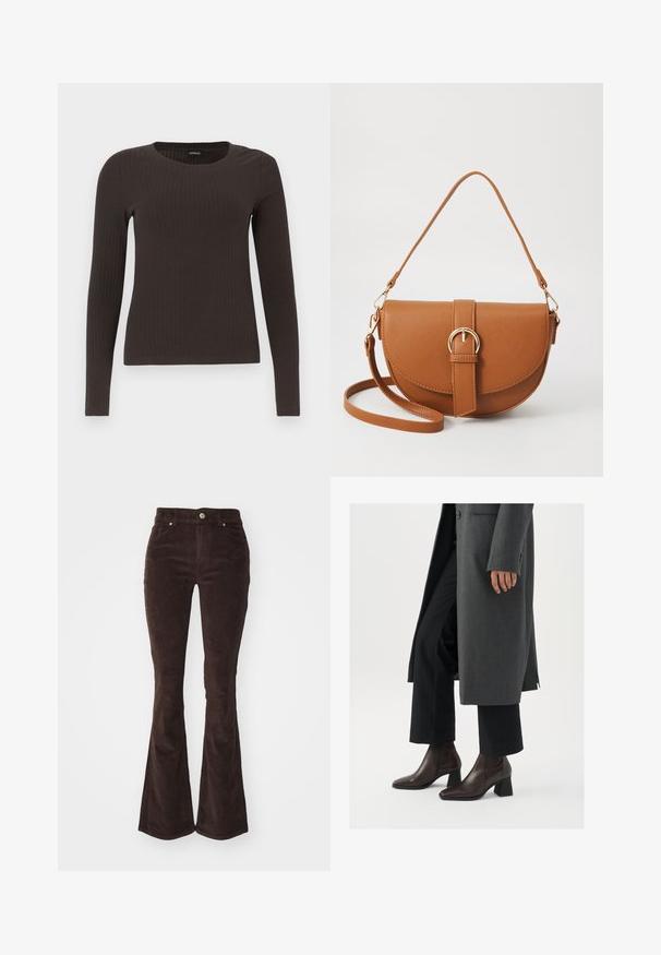 Pruun, pikkade varrukatega ribaga särk, millel on ümar kaelus. Valmistatud siledast, venivast materjalist, omades formatiivset siluetti ja minimaalset dekoratiivsust.; Vero Moda VMFLASH FLARED PANTS - Püksid - chocolate torte; Tumedast pruunist nahast kõrge kontsaga ankle-botid terava ninaga ja ploki kontsaga, koos mustade pükste ja halli mantliga.; Pruun nahast õlakott, millel on kumer kuju, kullavärvi riistvara ja pandlaga kaunistus. Omab eemaldatavat õlarihma.