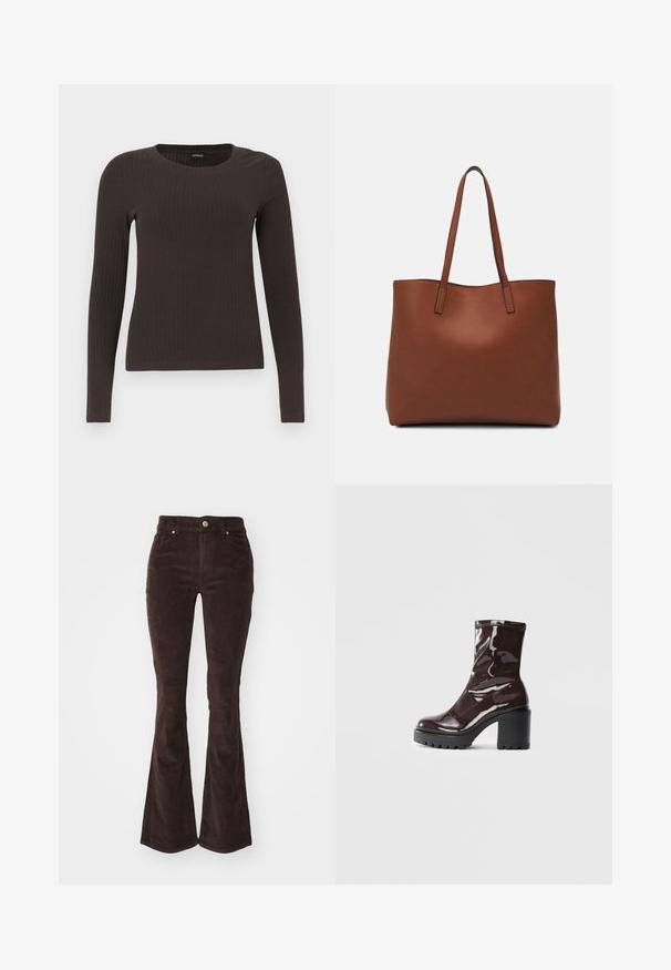 Bruine, lang%C3%A8ve ribgebreide top met een ronde hals. Gemaakt van een soepel, rekbaar materiaal, met een getailleerde pasvorm en minimale details.; Vero Moda VMFLASH FLARED PANTS - Broek - chocolate torte; Glanzende bordeauxrode enkelboot met een chunky zwarte hak, met een gladde textuur en een eenvoudig ontwerp. Geen zichtbare sluitingen of patronen.; Bruine leren tote bag met een gladde textuur, een ontwerp met een open bovenkant en twee schouderbanden. Kenmerkt zich door minimale stiksels en geen zichtbare hardware.
