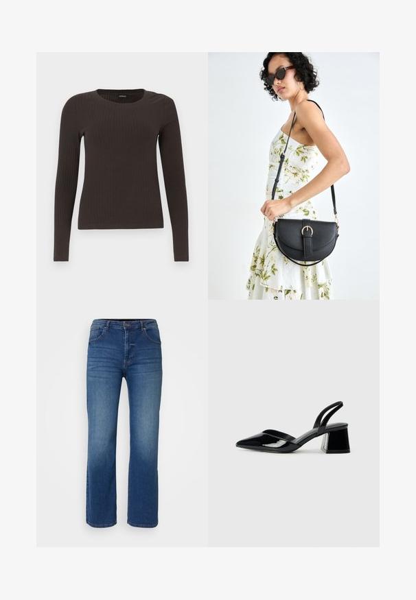 Brun, langermet ribbestrikket topp med rund hals. Laget av et glatt, elastisk materiale, med en tettsittende silhuett og minimalt med detaljer.; Mørkeblå denimjeans med rett ben-design, fem lommer og knapp og glidelås. Glatt tekstur med minimal falming.; Svarte patentlær slingback hæler med spiss tå og geometrisk blokk hæl. Har et stilrent, minimalistisk design og jevn tekstur.; Svart lærveske med en buet form, avtagbar stropp og gullbeslag. Vesken har et klaff med spenne-detall.