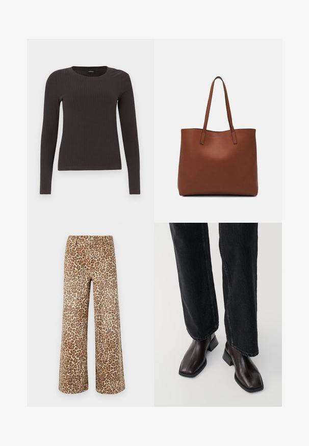 Brūns, garām piedurknēm ribots tops ar apaļu kakla izgriezumu. Izgatavots no gludas, elastīgas materiāla, ar pieguļošu siluetu un minimālu apdari.; Leparda raksta platās kājas bikses smilšu un brūnos toņos, ar klasisku jostas daļu, pogu aizdari un piecu kabatu dizainu.; Brūni ādas potītes zābaki ar kvadrātveida purngalu un blokveida papēdi, kombinēti ar melnajiem platajiem džinsiem. Gluda tekstūra un minimālistisks dizains.; Brūna ādas iepirkumu soma ar gludu tekstūru, atvērta augšdaļa un divas plecu siksnas. Izceļas ar minimālām šuvēm un redzamu aparatūru nav.