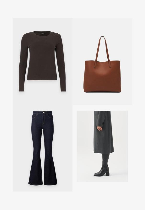 Brun, langermet ribbestrikket topp med rund hals. Laget av et glatt, elastisk materiale, med en tettsittende silhuett og minimalt med detaljer.; Mørkeblå flagrende jeans laget av denim. Høy midje med knapp og glidelås, med kontraststing og en glatt tekstur.; Grå, skreddersydd frakk med rett snitt; kombinert med knehøye svarte lærstøvler med firkantet tå og kraftig hæl.; Brun lær tote veske med en jevn tekstur, åpen toppdesign og to skulderstropper. Har minimal søm og ingen synlige spiker.