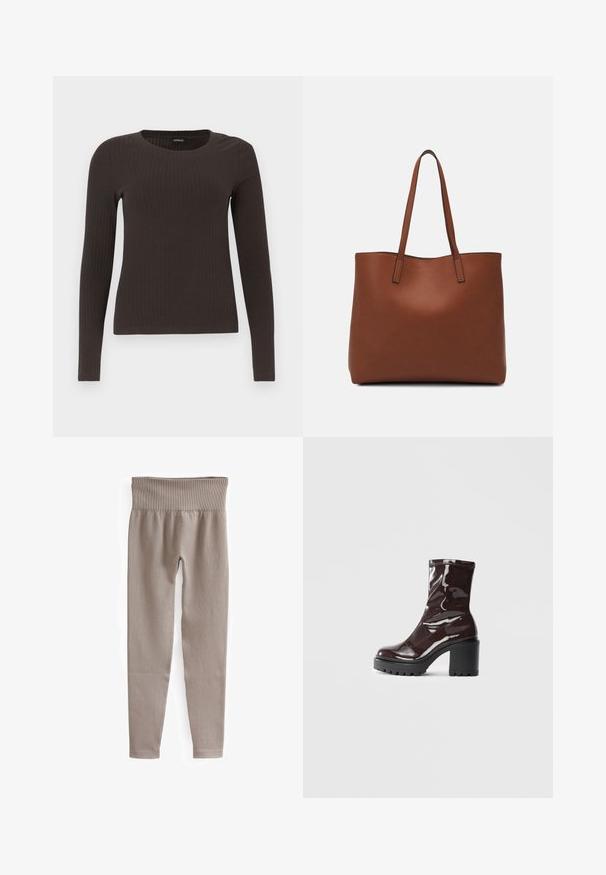 Brūns, garām piedurknēm ribots tops ar apaļu kakla izgriezumu. Izgatavots no gludas, elastīgas materiāla, ar pieguļošu siluetu un minimālu apdari.; Bežā ribotās legingi ar plašu jostu, sašaurinātām kājām un gludu tekstūru, paredzētas komfortam un elastīgumam.; Spīdīgas bordo potīšu botītes ar masīlu melnu papēdi, kurām ir gluda tekstūra un vienkāršs dizains. Nav redzamu aizdari vai rakstu.; Brūna ādas iepirkumu soma ar gludu tekstūru, atvērta augšdaļa un divas plecu siksnas. Izceļas ar minimālām šuvēm un redzamu aparatūru nav.