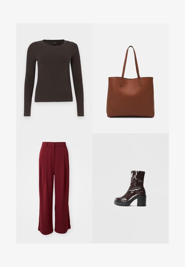 Rudas, su ilgomis rankovėmis, grioveliais dekoruotas viršus su apvaliu iškirpimu. Pagamintas iš lygaus, elastingo audinio, su prigludusia siluetu ir minimaliais akcentais.; Alyviniai plačiakojai kelnės su raukšlėmis, pagamintos iš lygaus audinio. Yra plokščia liemens juosta ir nematomi kišenės.; Blizgus burgundių spalvos kulknapis su tankiu juodu kulnu, pasižymintis lygiu paviršiumi ir paprastu dizainu. Nėra matomų užsegimų ar raštų.; Ruda odinė priekabų krepšys su glotnia tekstūra, atviru viršumi ir dviem petnešomis. Su minimalia siuvimo detalėmis ir nematoma aparatūra.