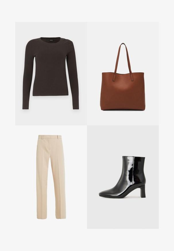 Bruine, lang%C3%A8ve ribgebreide top met een ronde hals. Gemaakt van een soepel, rekbaar materiaal, met een getailleerde pasvorm en minimale details.; Beige op maat gemaakte broeken van gladde stof, met een rechte pijp, zijzakken en plooi-details aan de voorkant.; Zwarte gepolijste leren enkellaars met een spitse neus en een blokhak van gemiddelde hoogte. Glad textuur en minimalistisch ontwerp.; Bruine leren tote bag met een gladde textuur, een ontwerp met een open bovenkant en twee schouderbanden. Kenmerkt zich door minimale stiksels en geen zichtbare hardware.