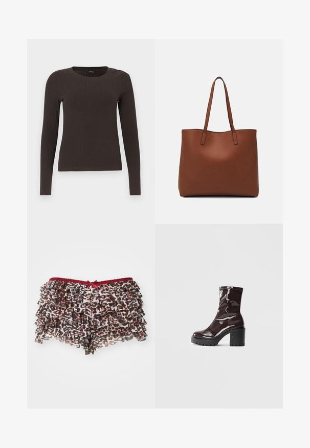 Brązowa, dzianinowa bluzka z długim rękawem i okrągłym dekoltem. Wykonana z gładkiego, elastycznego materiału, z dopasowanym krojem i minimalnymi detalami.; Kwiatowe szorty w lamparcie cętki z warstwowymi falbanami, posiadające czerwony koronkowy pasek w talii i małą kokardkę z przodu.; Błyszczące bordowe botki za kostkę z masywną czarną obcasem, charakteryzujące się gładką teksturą i prostym wzornictwem. Brak widocznych zapięć lub wzorów.; Brązowa skórzana torba tote o gładkiej fakturze, z otwartym wierzchem i dwoma ramiączkami. Charakteryzuje się minimalnym przeszyciem i brakiem widocznych elementów metalowych.