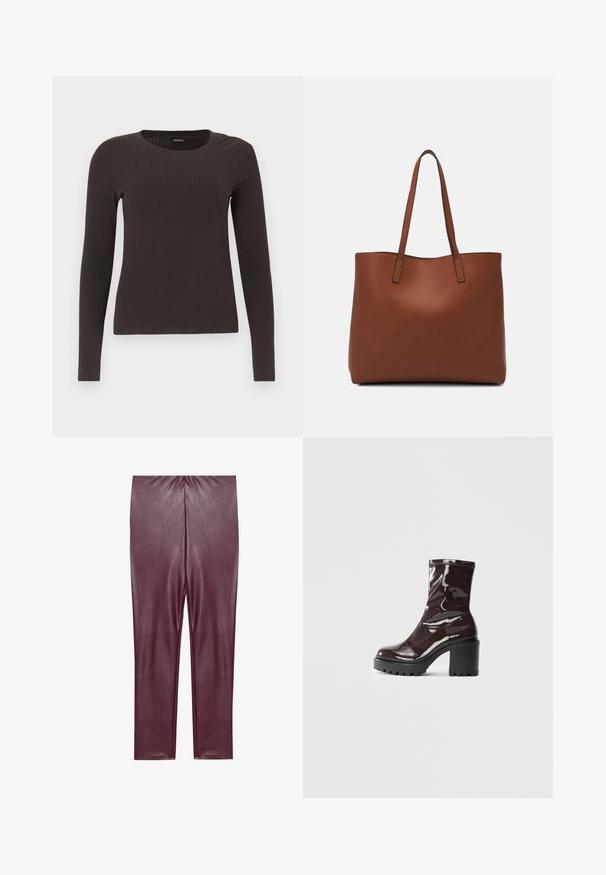Brown, long-sleeve ribbed top with a crew neckline. Made from a smooth, stretchy material, featuring a fitted silhouette and minimal detailing.; Burgundy faux leather leggings with a smooth texture, high waist, and fitted design, extending to the ankles without additional detailing.; Glossy burgundy ankle boot with a chunky black heel, featuring a smooth texture and simple design. No visible fastenings or patterns.; Brown leather tote bag with a smooth texture, open top design, and two shoulder straps. Features minimal stitching and no visible hardware.