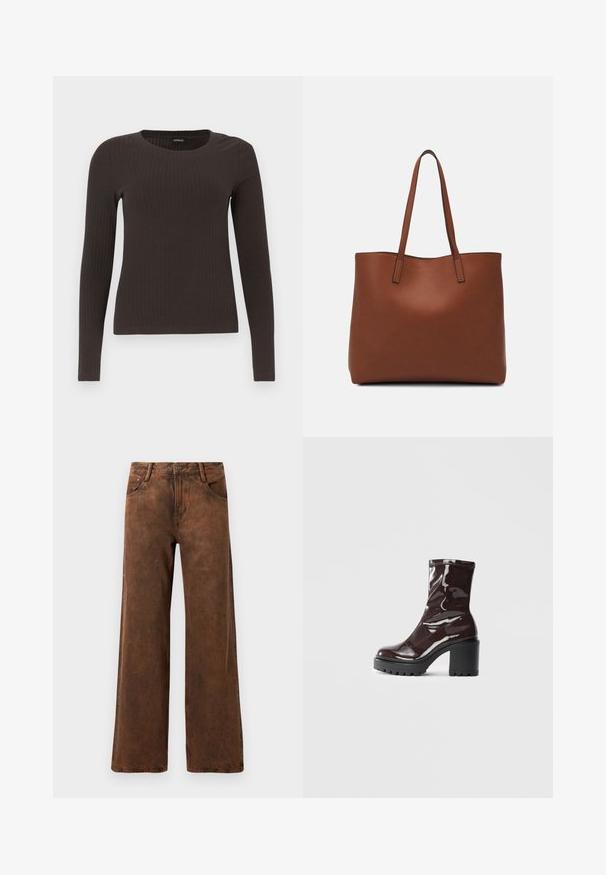 Top marrón de manga larga y con ribete, con cuello redondo. Fabricado con un material suave y elástico, presenta una silueta ajustada y un diseño minimalista.; Pantalones de pierna ancha marrones hechos de denim, con un acabado texturizado, cierre de botón y cremallera, y dos bolsillos frontales.; Botín burdeos brillante hasta el tobillo con un tacón negro grueso, que presenta una textura suave y un diseño sencillo. Sin cierres ni patrones visibles.; Bolso tote de cuero marrón con una textura suave, diseño de apertura superior y dos correas para el hombro. Presenta una costura mínima y sin herrajes visibles.