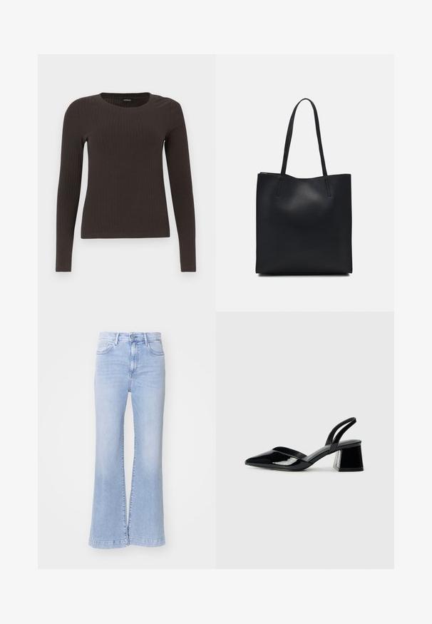 Καφέ, μακρυμάνικο ribbed τοπ με στρογγυλή λαιμόκοψη. Κατασκευασμένο από μια απλή, ελαστική ύλη, με εφαρμοστή σιλουέτα και ελάχιστες λεπτομέρειες.; Απαλά μπλε φαρδιά τζιν παντελόνια με ψηλή μέση, υφή τζιν, μπροστινές τσέπες και κλείσιμο με κουμπιά. Καθαρή τελείωση στο τελείωμα.; Μαύρα πατεντέ δερμάτινα γοβάκια slingback με μυτερή μύτη και γεωμετρικό τακούνι. Έχουν κομψό, μινιμαλιστικό σχέδιο και λεία υφή.; Μαύρη δερμάτινη τσάντα tote με λείο υφή, ορθογώνιο σχήμα και δύο μακριές λαβές. Χωρίς ορατό υλικό ή διακοσμητικά στοιχεία.