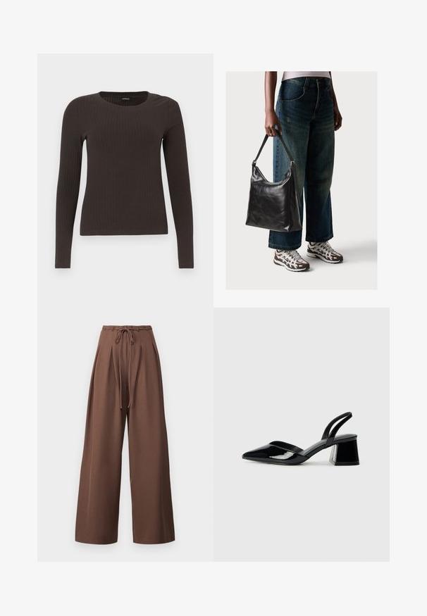 Bruine, lang%C3%A8ve ribgebreide top met een ronde hals. Gemaakt van een soepel, rekbaar materiaal, met een getailleerde pasvorm en minimale details.; Bruine wijde broek met een hoge tailleband, voorzien van plooien aan de voorkant en een trekkoord voor aanpassing. Glad textuur, casual ontwerp.; Zwarte gepatineerde leren slingback hakken met een spitse neus en een geometrische blokhak. Kenmerkt zich door een slank, minimalistisch ontwerp en een gladde textuur.; Zwarte leren schoudertas met een gladde textuur en een verstelbare strap, gecombineerd met vervaagde wijde jeans en sportieve sneakers.