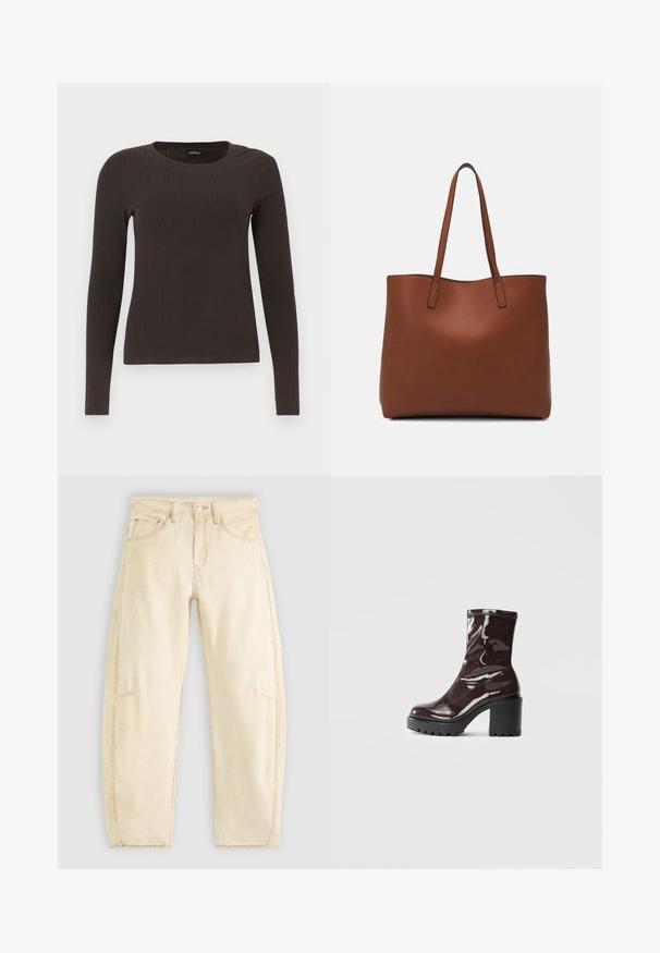 Brown, long-sleeve ribbed top with a crew neckline. Made from a smooth, stretchy material, featuring a fitted silhouette and minimal detailing.; Beige denim jeans with a relaxed fit, featuring a high waist, five pockets, and subtle fading. Raw hem details at the ankles.; Glossy burgundy ankle boot with a chunky black heel, featuring a smooth texture and simple design. No visible fastenings or patterns.; Brown leather tote bag with a smooth texture, open top design, and two shoulder straps. Features minimal stitching and no visible hardware.