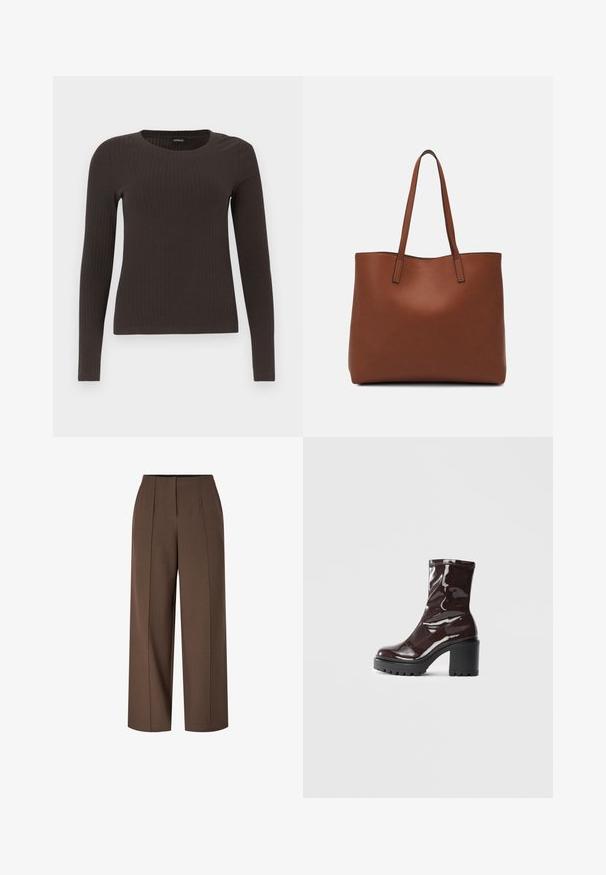 Brun, langermet ribbestrikket topp med rund hals. Laget av et glatt, elastisk materiale, med en tettsittende silhuett og minimalt med detaljer.; Brune høyhælte, vide bukser med frontfold og skjult glidelås foran.; Glinsende burgunder ankelstøvel med en kraftig svart hæl, med en glatt tekstur og enkelt design. Ingen synlige lukkinger eller mønstre.; Brun lær tote veske med en jevn tekstur, åpen toppdesign og to skulderstropper. Har minimal søm og ingen synlige spiker.