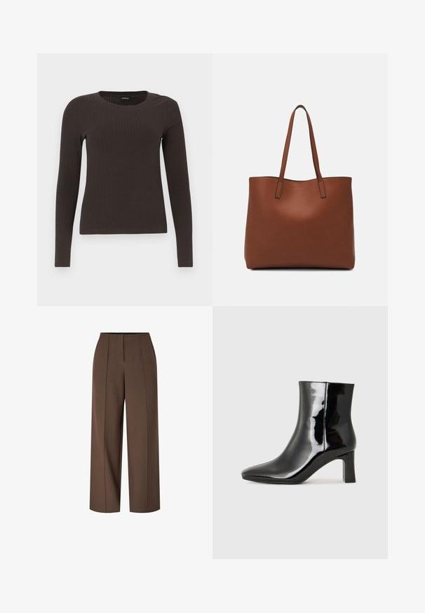 Hnědý, dlouhý rukáv, žebrovaný top s kulatým výstřihem. Vyrobeno z hladkého, elastického materiálu, s přiléhavým střihem a minimálním zdobením.; Hnědé kalhoty s vysokým pasem a širokými nohavicemi, se švy vpředu a skrytým zipem v přední části.; Černé lakované kotníkové boty s špičatou špičkou a středně vysokým blokovým podpatkem. Hladká textura a minimalistický design.; Hnědá kožená taška přes rameno s hladkou texturou, otevřeným designem a dvěma ramenními popruhy. Obsahuje minimální švy a žádné viditelné kovové prvky.