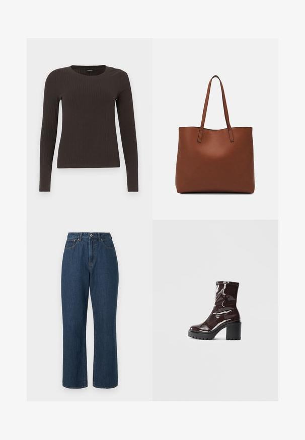 Top castanho de manga longa em malha com decote redondo. Feito de um material suave e elástico, apresentando um silhueta ajustada e detalhes mínimos.; Jeans de ganga azul com uma cintura alta, design de perna larga, costura visível e um único fecho de botão na frente. Tecido texturizado com um acabamento suave.; Bota de tornozelo burgundy brilhante com um salto preto robusto, apresentando uma textura suave e um design simples. Sem fechos ou padrões visíveis.; Bolsa tote de couro castanho com uma textura suave, design de abertura superior e duas alças para o ombro. Apresenta costura mínima e sem hardware visível.