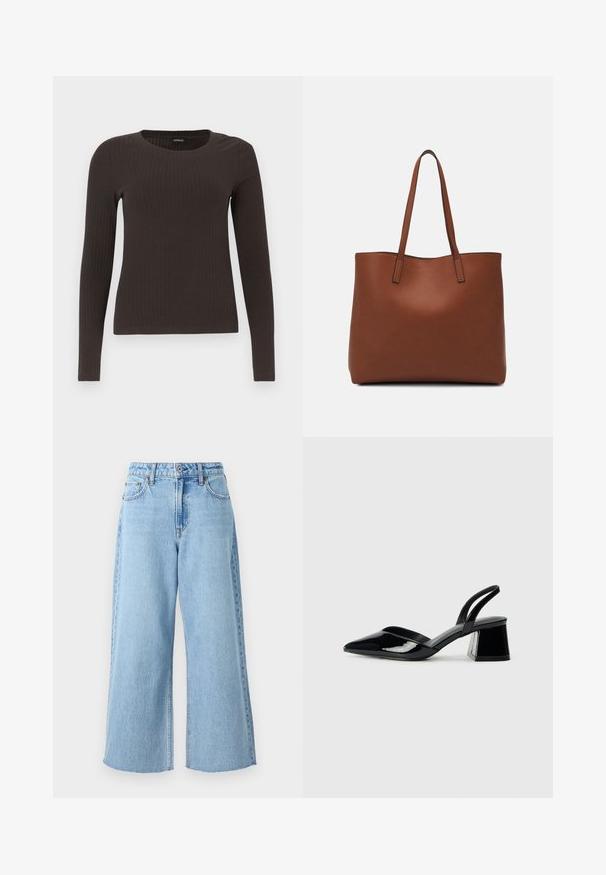 Pruun, pikkade varrukatega ribaga särk, millel on ümar kaelus. Valmistatud siledast, venivast materjalist, omades formatiivset siluetti ja minimaalset dekoratiivsust.; Heledad sinine laiad teksapüksid, mis on valmistatud denimist, korke vöökoht, eesnupp, ning tooriku lõige pahkluude juures.; Mustad musta lakknahk kingad, millel on terav varvas ja geomeetriline plokkkonts. Omab elegantselt minimalistlikku disaini ja sujuvat tekstuuri.; Pruun nahast tote-kott, millel on sile tekstuur, avatud ülaosa disain ja kaks õlarihma. Omab minimaalset õmblust ja nähtavat riistvara ei ole.