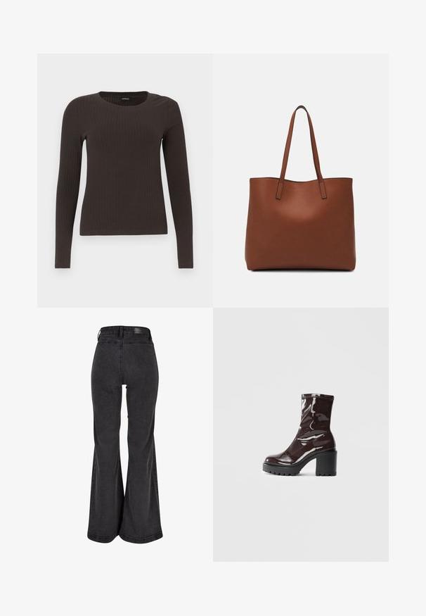 Barna, hosszú ujjú bordázott felső, kerek nyakkivágással. Simább, rugalmas anyagból készült, illeszkedő fazonú és minimális részletezéssel.; Fekete, flared farmernadrág sima textúrával, magas derékkal és a hátán elhelyezett márkás folttal. Széles lábú kialakítású, megerősített varrással.; Fényes bordó bokacsizma vastag fekete sarokkal, sima felülettel és egyszerű dizájnnal. Nincsenek látható zárak vagy minták.; Barna bőr vászontáska sima textúrával, nyitott tetejű dizájnnal és két vállpánttal. Minimális varrással és látható hardver nélkül készült.