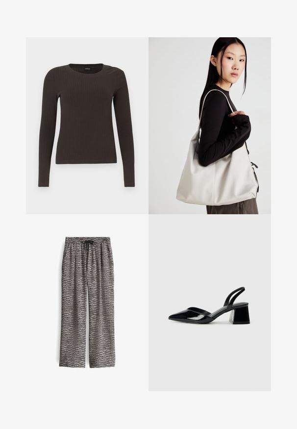 Bruine, lang%C3%A8ve ribgebreide top met een ronde hals. Gemaakt van een soepel, rekbaar materiaal, met een getailleerde pasvorm en minimale details.; Zwarte en witte gestreepte pyjamabroek van lichtgewicht stof, met een elastische tailleband met een trekkoord en wijde benen.; Zwarte gepatineerde leren slingback hakken met een spitse neus en een geometrische blokhak. Kenmerkt zich door een slank, minimalistisch ontwerp en een gladde textuur.; Beige handtas gemaakt van zacht materiaal, met een slonzig ontwerp, gestikte details en twee schouderbanden. Geschikt voor dagelijks gebruik.