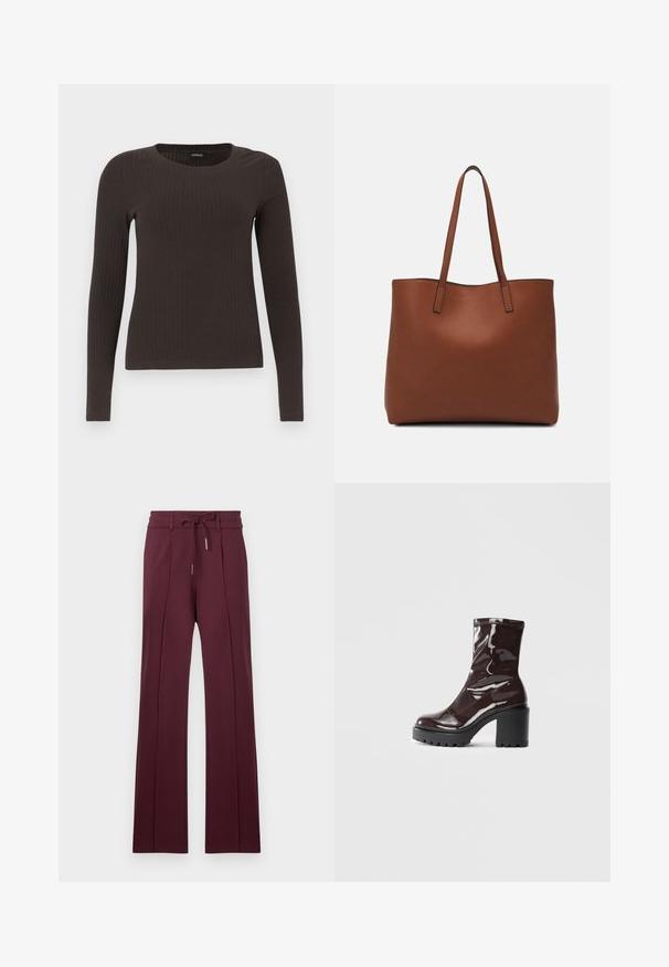 Braunes, langärmliges, geripptes Oberteil mit Rundhalsausschnitt. Hergestellt aus einem glatten, dehnbaren Material, mit einer taillierten Silhouette und minimalen Details.; Burgunderfarbene weitgeschnittene Hose aus weichem Stoff mit einem Kordelzugbund und vorderen Falten. Flauschiger Saum und glatte Textur.; Glatte bordeauxrote Ankle Boots mit einem klobigen schwarzen Absatz, die eine glatte Oberfläche und ein einfaches Design aufweisen. Keine sichtbaren Verschlüsse oder Muster.; Braune Leder-Tote mit glatter Textur, offenem Oberteil und zwei Schulterriemen. Verfügt über minimale Nähte und keine sichtbaren Beschläge.