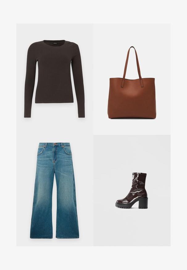 Brun långärmad ribbad topp med rundad halsringning. Tillverkad av ett mjukt, elastiskt material, med en figurnära silhuett och minimala detaljer.; Hög midja blå denimjeans med vida ben, fickor fram, knäppning med knapp och en urblekt färggradient från midjan till fållen.; Glansig bordeauxfärgad ankelsko med en kraftig svart klack, som har en slät yta och enkel design. Inga synliga stängningar eller mönster.; Brun läder tote-väska med en slät textur, öppen toppdesign och två axelremmar. Har minimal söm och ingen synlig metalldetalj.
