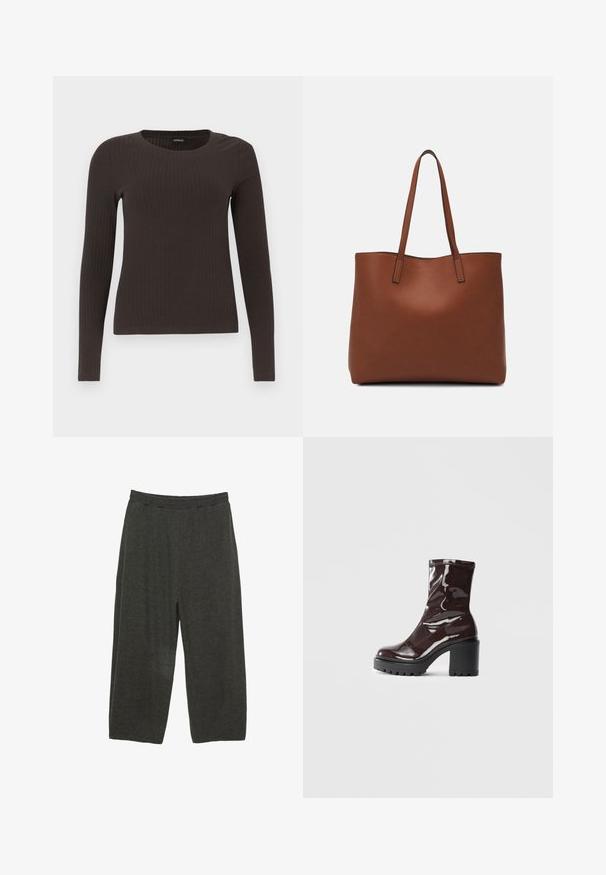 Brązowa, dzianinowa bluzka z długim rękawem i okrągłym dekoltem. Wykonana z gładkiego, elastycznego materiału, z dopasowanym krojem i minimalnymi detalami.; Ciemnoszare, luźne spodnie wykonane z miękkiego materiału. Posiadają elastyczny pas oraz swobodny, prosty krój nogawek.; Błyszczące bordowe botki za kostkę z masywną czarną obcasem, charakteryzujące się gładką teksturą i prostym wzornictwem. Brak widocznych zapięć lub wzorów.; Brązowa skórzana torba tote o gładkiej fakturze, z otwartym wierzchem i dwoma ramiączkami. Charakteryzuje się minimalnym przeszyciem i brakiem widocznych elementów metalowych.