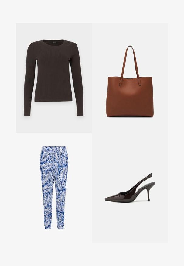 Rjav, dolgosleeve rebrasti zgornji del s krožnim izrezom. Narejen iz gladkega, raztegljivega materiala, z oprijetim silhuetom in minimalnimi detajli.; Modre in bele hlače s potiskom listov, elastičen pas in ožji robovi, narejene iz lahkega, zračnega blaga.; Slingback visoke pete v sijajni temno rjavi lak koži, koničastim nosom, odprtimi stranmi in nastavljivim gležnjenčkim trakom.; Rjava usnjena torba z gladko teksturo, odprto zasnovo zgoraj in dvema naramnima trakovoma. Opremljena je z minimalnim šivanjem in brez vidnih kovinskih delov.