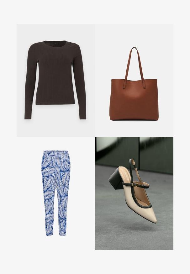 Bruine, lang%C3%A8ve ribgebreide top met een ronde hals. Gemaakt van een soepel, rekbaar materiaal, met een getailleerde pasvorm en minimale details.; Blauwe en witte geweven broek met een bladpatroon, elastische tailleband en taps toelopende boorden, gemaakt van lichte, ademende stof.; Beige puntige slingback schoen met zwarte rand, gouden gesp en een chunky blokhak op een grijze vloer met een donker groene achtergrond.; Bruine leren tote bag met een gladde textuur, een ontwerp met een open bovenkant en twee schouderbanden. Kenmerkt zich door minimale stiksels en geen zichtbare hardware.