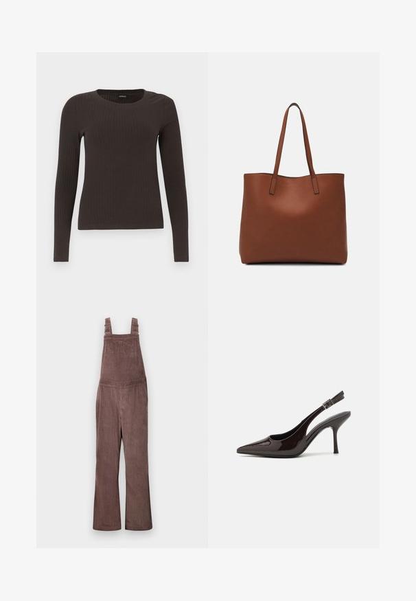 Bruine, lang%C3%A8ve ribgebreide top met een ronde hals. Gemaakt van een soepel, rekbaar materiaal, met een getailleerde pasvorm en minimale details.; Bruine corduroy tuinbroeken met verstelbare schouderbanden, wijde pijpen en verticale ribbelstructuur. Beschikt over zijzakken en een relaxte pasvorm.; Slingback hoge hak schoen in glanzend donkerbruin patentleer, puntige neus, open zijkanten en verstelbare enkelband.; Bruine leren tote bag met een gladde textuur, een ontwerp met een open bovenkant en twee schouderbanden. Kenmerkt zich door minimale stiksels en geen zichtbare hardware.