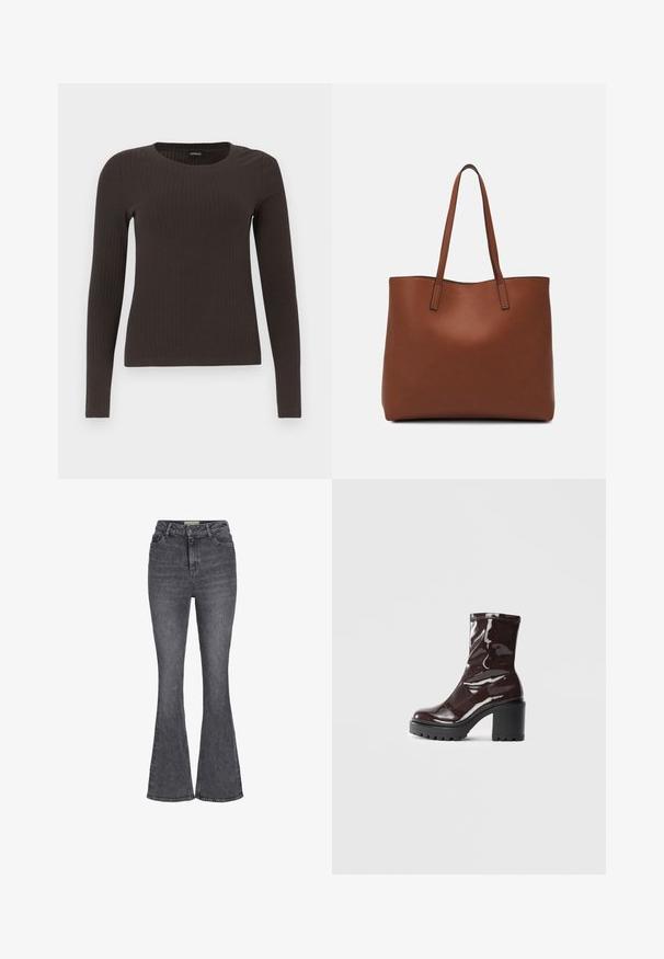 Barna, hosszú ujjú bordázott felső, kerek nyakkivágással. Simább, rugalmas anyagból készült, illeszkedő fazonú és minimális részletezéssel.; Sötét szürke farmerből készült, magas derekú, bővülő farmernadrág klasszikus, öt zsebes fazonnal, gombos záródással és enyhe elhalványulással.; Fényes bordó bokacsizma vastag fekete sarokkal, sima felülettel és egyszerű dizájnnal. Nincsenek látható zárak vagy minták.; Barna bőr vászontáska sima textúrával, nyitott tetejű dizájnnal és két vállpánttal. Minimális varrással és látható hardver nélkül készült.