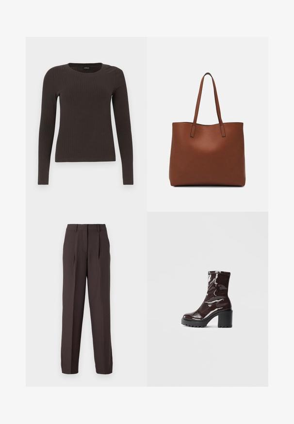 Bruine, lang%C3%A8ve ribgebreide top met een ronde hals. Gemaakt van een soepel, rekbaar materiaal, met een getailleerde pasvorm en minimale details.; JJXX JXELLIS WIDE - Broek - seal brown; Glanzende bordeauxrode enkelboot met een chunky zwarte hak, met een gladde textuur en een eenvoudig ontwerp. Geen zichtbare sluitingen of patronen.; Bruine leren tote bag met een gladde textuur, een ontwerp met een open bovenkant en twee schouderbanden. Kenmerkt zich door minimale stiksels en geen zichtbare hardware.