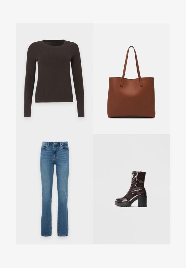 Top ribbed, de culoare maronie, cu mâneci lungi și gât rotund. Fabricat dintr-un material neted și elastic, cu un croi ajustat și detalii minime.; Jeans albastre cu talie înaltă, croială dreaptă, cu nasture și fermoar în față, design cu cinci buzunare și o ușoară decolorare pe coapse și genunchi.; Botine lucioase burgundy, cu toc gros negru, având o textură netedă și un design simplu. Fără închideri sau modele vizibile.; Geantă de umăr din piele maro cu o textură netedă, design cu vârf deschis și două curele pentru umăr. Prezintă cusături minime și fără componente metalice vizibile.