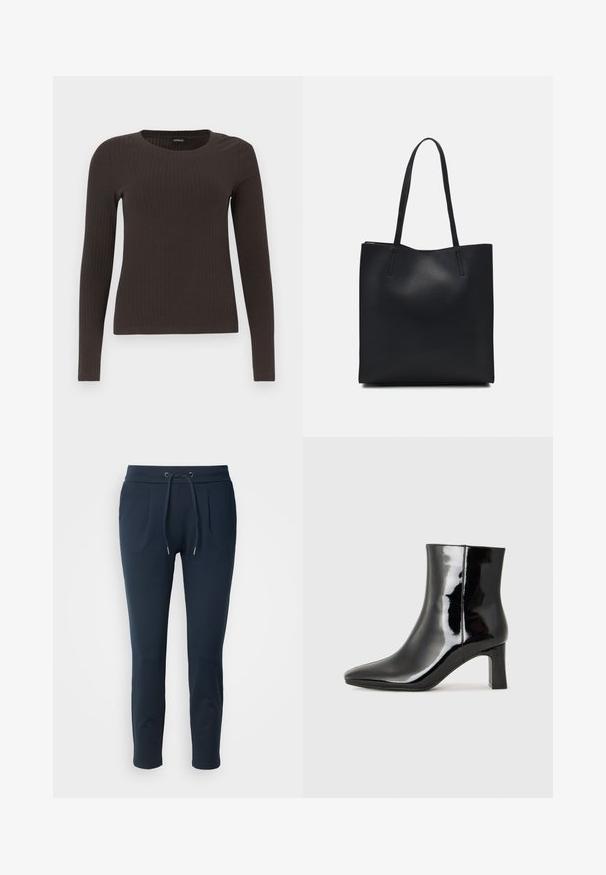 Barna, hosszú ujjú bordázott felső, kerek nyakkivágással. Simább, rugalmas anyagból készült, illeszkedő fazonú és minimális részletezéssel.; Sötétkék, puha anyagból készült jogging nadrág, elasztikus derékpánttal és húzózsinórral, két oldalzsebbel és karcsúsított szabással.; Fekete lakk bőrcipő bokáig érő, hegyes orral és közepes magasságú tömbsarokkal. Simább textúrával és minimalista dizájnnal rendelkezik.; Fekete bőrtáska sima felszínnel, téglalap alakú, két hosszú füllel. Nincs látható fémkiegészítő vagy díszítés.