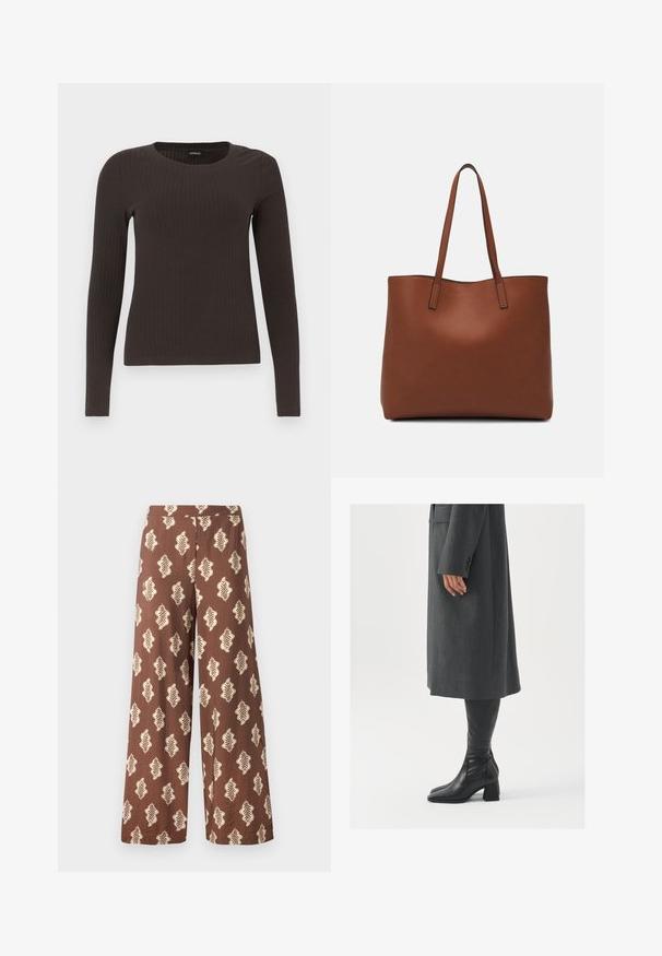 Top castanho de manga longa em malha com decote redondo. Feito de um material suave e elástico, apresentando um silhueta ajustada e detalhes mínimos.; Calças largas castanhas feitas de um tecido com uma superfície texturizada, apresentando um padrão de folhas em creme repetido. Cintura elástica.; Casaco cinza, ajustado, com corte reto; combinado com botas de couro pretas até ao joelho, com biqueira quadrada e salto grosso.; Bolsa tote de couro castanho com uma textura suave, design de abertura superior e duas alças para o ombro. Apresenta costura mínima e sem hardware visível.