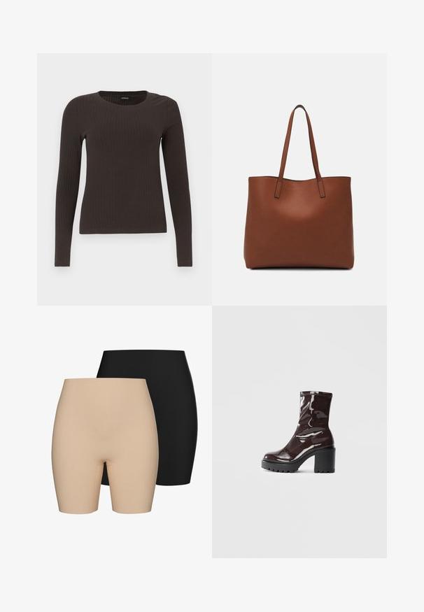 Top castanho de manga longa em malha com decote redondo. Feito de um material suave e elástico, apresentando um silhueta ajustada e detalhes mínimos.; Dois pares de calções de cintura alta: um em nude, o outro em preto. Têm uma textura suave e um comprimento até à coxa.; Bota de tornozelo burgundy brilhante com um salto preto robusto, apresentando uma textura suave e um design simples. Sem fechos ou padrões visíveis.; Bolsa tote de couro castanho com uma textura suave, design de abertura superior e duas alças para o ombro. Apresenta costura mínima e sem hardware visível.