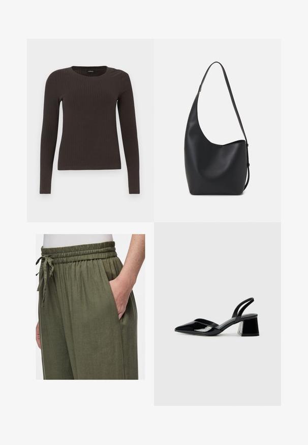 Top castanho de manga longa em malha com decote redondo. Feito de um material suave e elástico, apresentando um silhueta ajustada e detalhes mínimos.; Calças de linho leves, na cor verde-azeitona, com uma cintura elástica e cordão. Apresentam um bolso lateral e um corte descontraído.; Sandy em verniz preto com salto slingback, ponta afilada e salto geométrico. Apresenta um design elegante e minimalista com textura suave.; Saco hobo preto em pele com uma textura lisa, forma curva e uma única alça ajustável; apresenta uma abertura larga na parte de cima.