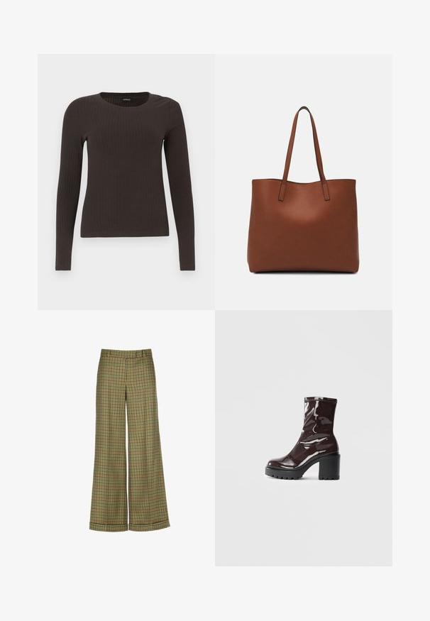 Brown, long-sleeve ribbed top with a crew neckline. Made from a smooth, stretchy material, featuring a fitted silhouette and minimal detailing.; Luisa Spagnoli OSPITALITA - Trousers - verde bosco; Glossy burgundy ankle boot with a chunky black heel, featuring a smooth texture and simple design. No visible fastenings or patterns.; Brown leather tote bag with a smooth texture, open top design, and two shoulder straps. Features minimal stitching and no visible hardware.