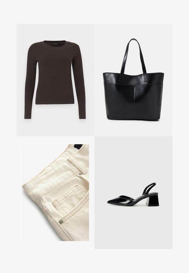 Top ribbed, de culoare maronie, cu mâneci lungi și gât rotund. Fabricat dintr-un material neted și elastic, cu un croi ajustat și detalii minime.; Pantaloni din denim de culoare crem, cu o suprafață texturată, având un mic buzunar frontal și detalii de cusături în contrast. Ideali pentru ținute casual.; Pantofi cu toc slingback din piele lacuită neagră, cu vârf ascuțit și toc geometric. Prezintă un design elegant, minimalist și o textură netedă.; Geantă oversized din piele neagră, cu două mânere lungi, de textură netedă și formă structurată. Are un buzunar frontal pentru stocare suplimentară.