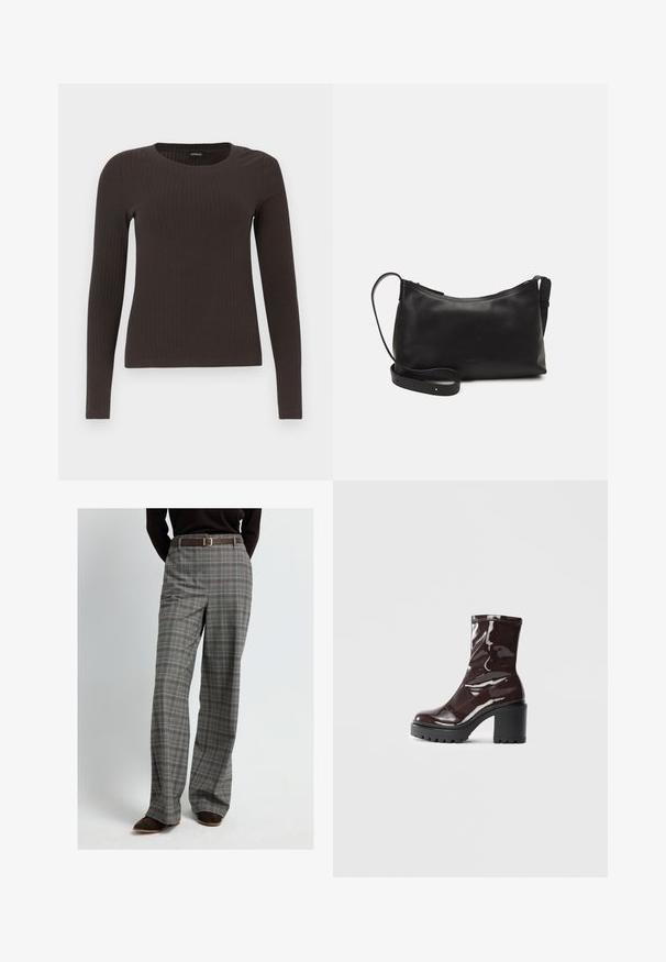 Un haut marron à manches longues en rib avec un col rond. Fabriqué dans un matériau lisse et extensible, il présente une silhouette ajustée et un minimum de détails.; Pantalon à carreaux gris avec une coupe décontractée, doté d'une ceinture en cuir marron, d'un léger éclat et de motifs à carreaux contrastés dans des teintes plus claires.; Bottines bordeaux brillantes à talon épais noir, avec une texture lisse et un design simple. Aucune fermeture visible ni motifs.; Sac à épaule en cuir noir avec une texture lisse, une forme courbée, une bandoulière ajustable et une fermeture éclair. Design minimaliste sans embellissements.