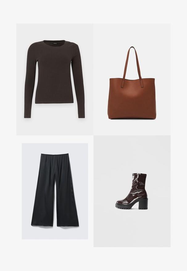 Brun långärmad ribbad topp med rundad halsringning. Tillverkad av ett mjukt, elastiskt material, med en figurnära silhuett och minimala detaljer.; Svarta vida byxor i lätt tyg med resårmidja och en slät, lätt glänsande yta. Har en avslappnad passform.; Glansig bordeauxfärgad ankelsko med en kraftig svart klack, som har en slät yta och enkel design. Inga synliga stängningar eller mönster.; Brun läder tote-väska med en slät textur, öppen toppdesign och två axelremmar. Har minimal söm och ingen synlig metalldetalj.