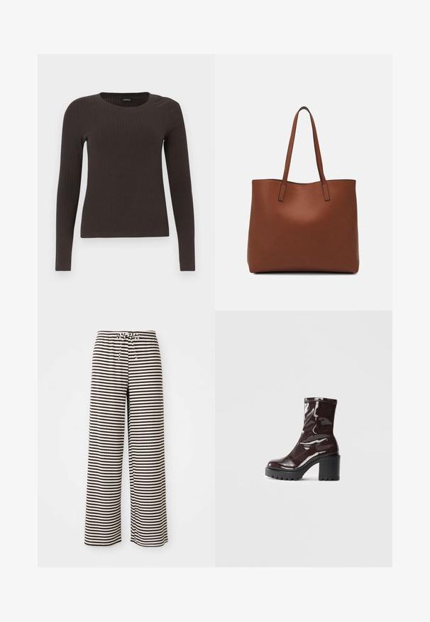 Brun, langermet ribbestrikket topp med rund hals. Laget av et glatt, elastisk materiale, med en tettsittende silhuett og minimalt med detaljer.; Stripete pysjamasbukser med avslappet passform, laget av myk stoff. Har vekslende brune og kremfargede horisontale striper, samt elastisk midjebånd med snøring.; Glinsende burgunder ankelstøvel med en kraftig svart hæl, med en glatt tekstur og enkelt design. Ingen synlige lukkinger eller mønstre.; Brun lær tote veske med en jevn tekstur, åpen toppdesign og to skulderstropper. Har minimal søm og ingen synlige spiker.
