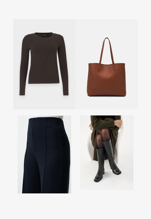 Un haut marron à manches longues en rib avec un col rond. Fabriqué dans un matériau lisse et extensible, il présente une silhouette ajustée et un minimum de détails.; Pantalons taille haute bleu marine en tissu doux, avec une coupe droite, des lignes épurées et des détails de couture avant pour plus de structure.; Bottes en cuir noires arrivant au genou, avec un bout carré et un talon carré, présentées sur un modèle assis dans un manteau vert olive. Texture lisse, détails minimaux.; Sac fourre-tout en cuir marron avec une texture lisse, design à ouverture supérieure et deux poignées pour le porter à l'épaule. Présente des coutures minimales et aucun matériel visible.