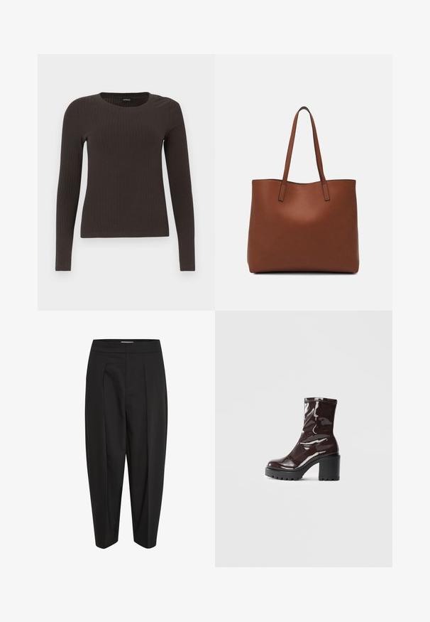 Pruun, pikkade varrukatega ribaga särk, millel on ümar kaelus. Valmistatud siledast, venivast materjalist, omades formatiivset siluetti ja minimaalset dekoratiivsust.; Mustad püksid sileda kangaga, kõrge talje, keskel voldiga ja kitsenevate jalgadega. Pole nähtavaid taskuid ega kaunistusi.; Klakav läikiv burgundi värvi pahkluu saabas, millel on paks must konts, sile tekstuur ja lihtne disain. Nähtavad kinnitused või mustrid puuduvad.; Pruun nahast tote-kott, millel on sile tekstuur, avatud ülaosa disain ja kaks õlarihma. Omab minimaalset õmblust ja nähtavat riistvara ei ole.