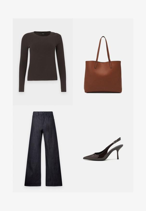 Brun, langermet ribbestrikket topp med rund hals. Laget av et glatt, elastisk materiale, med en tettsittende silhuett og minimalt med detaljer.; Videbeinede mørke denimjeans med en glatt tekstur, tradisjonell fem-lomme design og en subtil glans, samt knappelukking.; Slingback høyhælte sko i blankt mørkebrunt patentlær, spiss tå, åpne sider og justerbar ankelrem.; Brun lær tote veske med en jevn tekstur, åpen toppdesign og to skulderstropper. Har minimal søm og ingen synlige spiker.