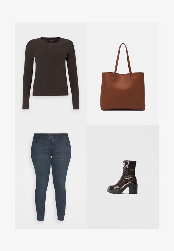 Top castanho de manga longa em malha com decote redondo. Feito de um material suave e elástico, apresentando um silhueta ajustada e detalhes mínimos.; MY TRUE ME TOM TAILOR SKINNY WITH WASH EFFECTS - Calças de ganga de corte skinny - blue grey denim; Bota de tornozelo burgundy brilhante com um salto preto robusto, apresentando uma textura suave e um design simples. Sem fechos ou padrões visíveis.; Bolsa tote de couro castanho com uma textura suave, design de abertura superior e duas alças para o ombro. Apresenta costura mínima e sem hardware visível.