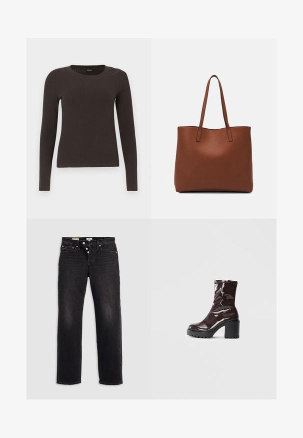 Brun, langermet ribbestrikket topp med rund hals. Laget av et glatt, elastisk materiale, med en tettsittende silhuett og minimalt med detaljer.; Sorte denimjeans med rett benklipp, med fem lommer, kobbernitter og knappestuell. Myk tekstur med subtile falmende detaljer.; Glinsende burgunder ankelstøvel med en kraftig svart hæl, med en glatt tekstur og enkelt design. Ingen synlige lukkinger eller mønstre.; Brun lær tote veske med en jevn tekstur, åpen toppdesign og to skulderstropper. Har minimal søm og ingen synlige spiker.