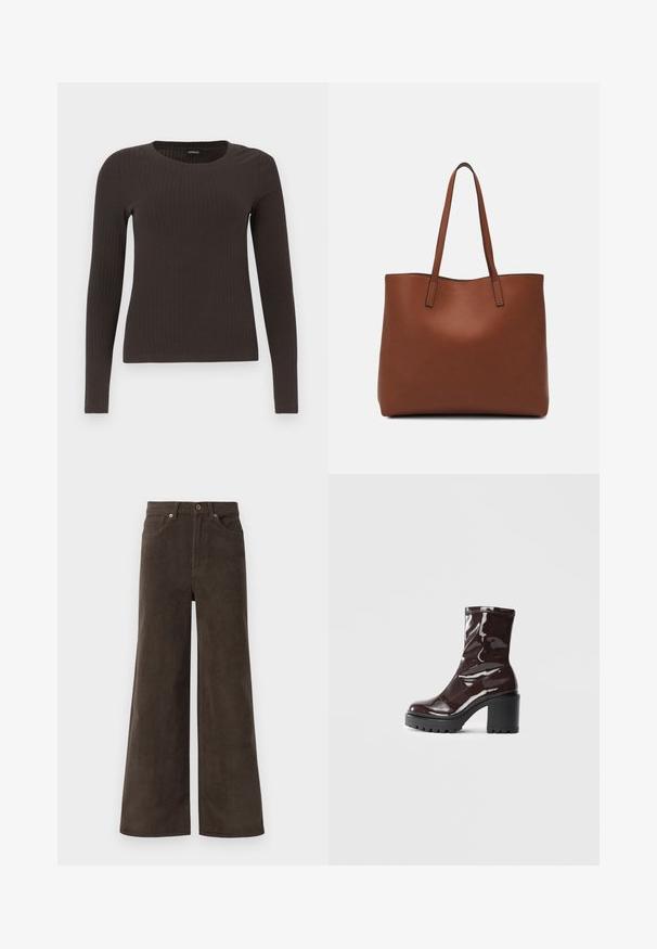 Brown, long-sleeve ribbed top with a crew neckline. Made from a smooth, stretchy material, featuring a fitted silhouette and minimal detailing.; Dark brown wide-leg corduroy trousers with front pockets, belt loops, and a button closure at the waistband.; Glossy burgundy ankle boot with a chunky black heel, featuring a smooth texture and simple design. No visible fastenings or patterns.; Brown leather tote bag with a smooth texture, open top design, and two shoulder straps. Features minimal stitching and no visible hardware.
