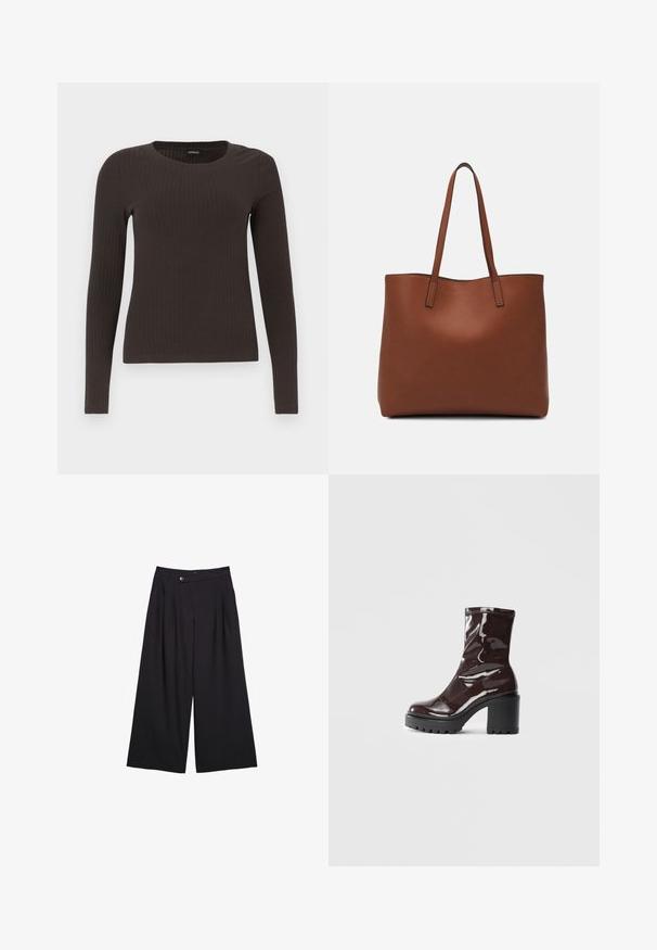 Ruskih, dugih rukava, rebrastih majica s okruglim izrezom. Izrađena od glatkog, rastezljivog materijala, s pripijenim krojem i minimalnim detaljima.; Mustat leveälahkeiset housut sileästä kankaasta, joissa on etuvirkistykset, nappisuljenta ja korkea vyötärö.; Satea bordeaux berwarna mengkilap dengan tumit hitam tebal, menampilkan tekstur halus dan desain sederhana. Tanpa pengikat atau pola yang terlihat.; Ruskea nahkainen olkalaukku, jossa on sileä pinta, avoin yläosa ja kaksi olkahihnaa. Omaavat vain minimaalisen ompelun eikä näkyvää metalliosaa.