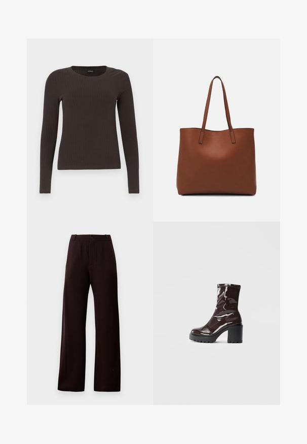 Brown, long-sleeve ribbed top with a crew neckline. Made from a smooth, stretchy material, featuring a fitted silhouette and minimal detailing.; Dark brown wide-leg trousers with zipper fly, button closure, and belt loops, displayed on plain background.; Glossy burgundy ankle boot with a chunky black heel, featuring a smooth texture and simple design. No visible fastenings or patterns.; Brown leather tote bag with a smooth texture, open top design, and two shoulder straps. Features minimal stitching and no visible hardware.
