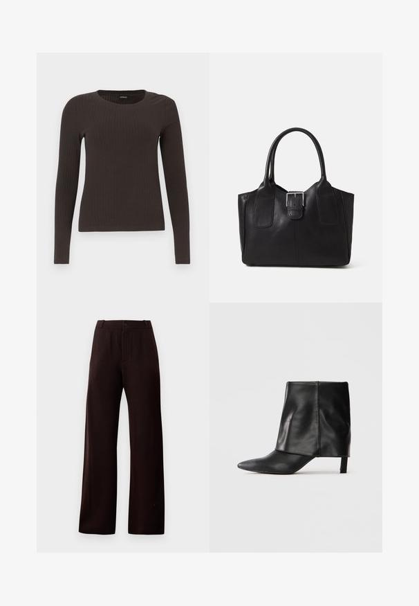 Brown, long-sleeve ribbed top with a crew neckline. Made from a smooth, stretchy material, featuring a fitted silhouette and minimal detailing.; Dark brown wide-leg trousers with zipper fly, button closure, and belt loops, displayed on plain background.; Black leather mid-calf boot with pointed toe, folded upper shaft, and slender low heel standing on white background.; Black leather tote bag with smooth texture, structured shape, two handles, and a prominent silver buckle detail on the front.
