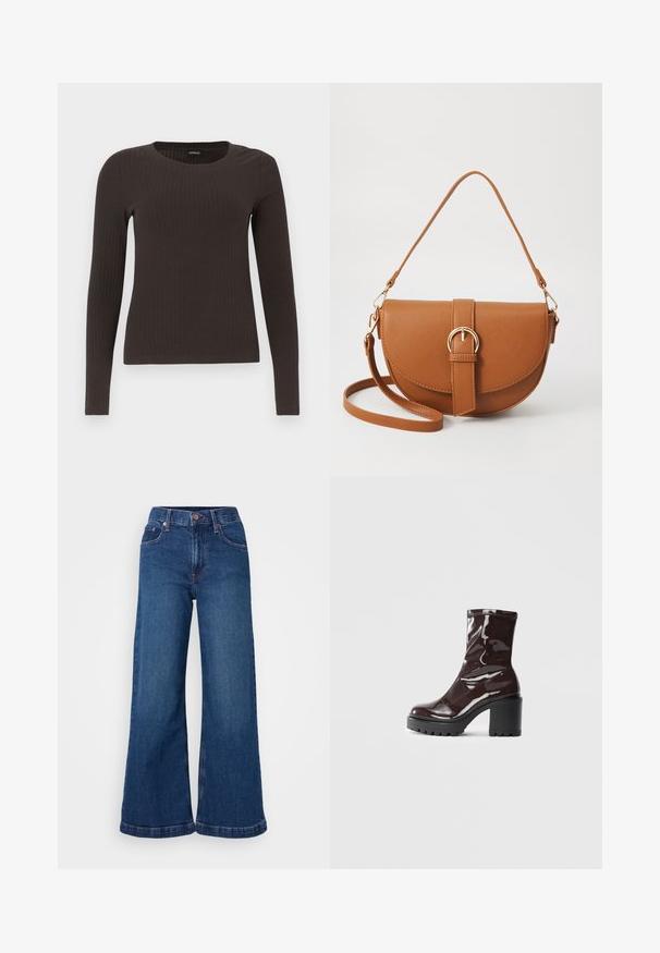Brown, long-sleeve ribbed top with a crew neckline. Made from a smooth, stretchy material, featuring a fitted silhouette and minimal detailing.; Wide-leg denim jeans in dark blue, featuring a high waist, five-pocket design, and cuffed hems. Smooth texture with subtle stitching details.; Glossy burgundy ankle boot with a chunky black heel, featuring a smooth texture and simple design. No visible fastenings or patterns.; Brown leather crossbody bag with a curved shape, gold hardware, and a buckle accent. Features a detachable shoulder strap.